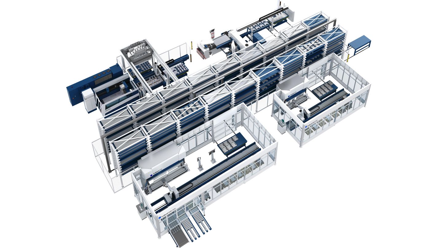 STOPA 大型货仓系统，流程联结，带料库连接的 TruBend Cell 5000、TruPunch 5000 和 TruLaser 5030。