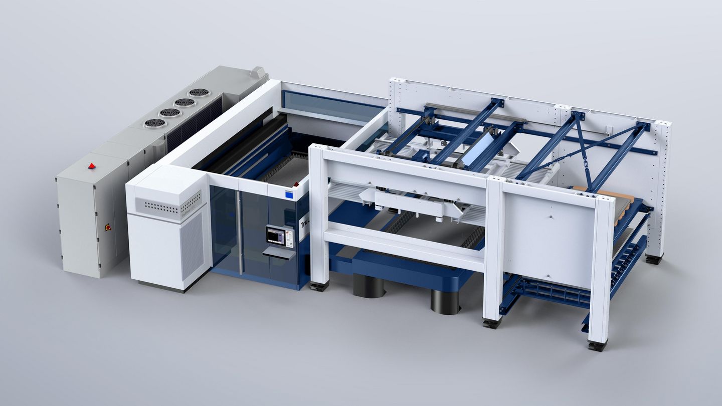 配备紧凑型同步自动上下料单元 LiftMaster Compact 的横向布局式TruLaser 3030