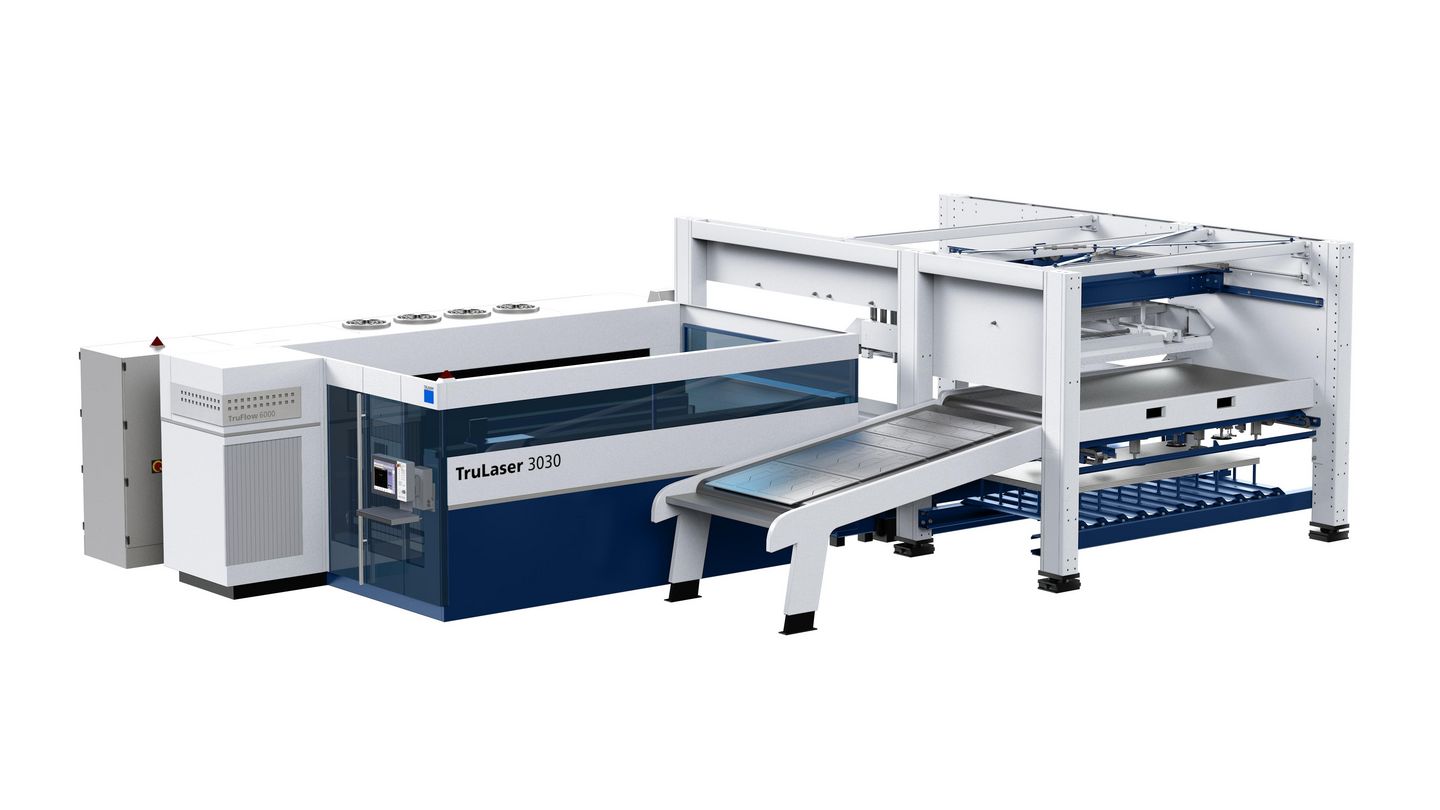 配备 LiftMaster Compact 和 PartMaster 采用纵向布局的 TruLaser 3030