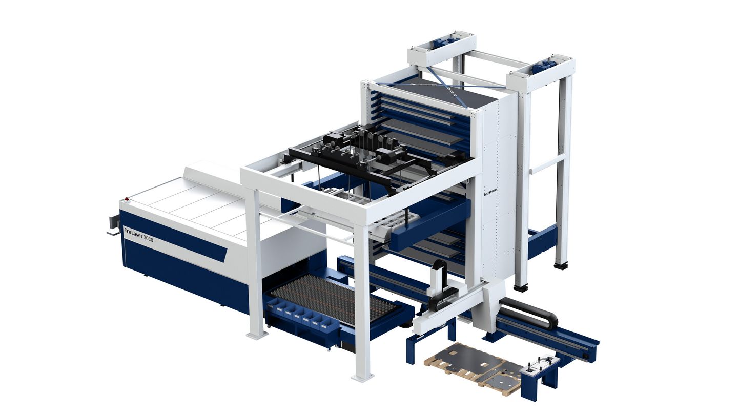 配备 SortMaster、TruStore 3030 及 LiftMaster Store 的 TruLaser 3030 fiber