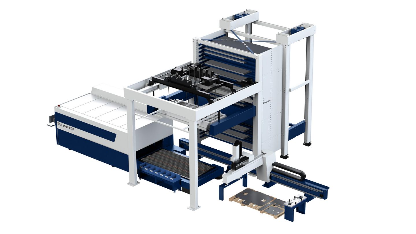 配备 SortMaster、TruStore 3030、LiftMaster Store 的 TruLaser 3030 fiber