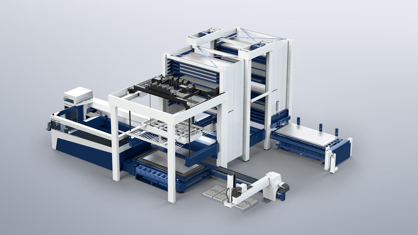 配备 SortMaster 的 TruLaser 5030，借助 LiftMaster Store 直接连接至 TruStore 3030。