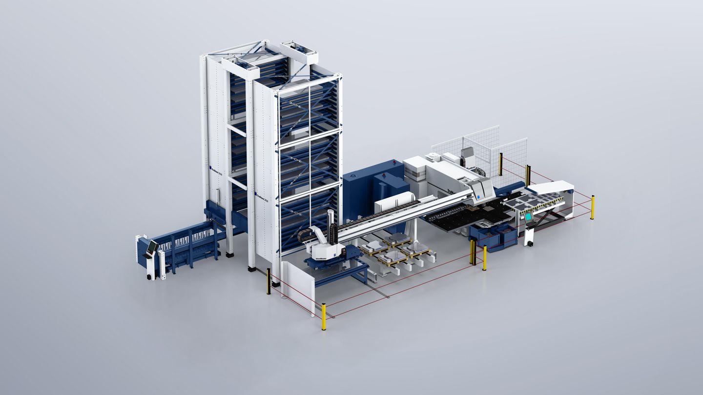 TruStore 3030 上带有 SheetMaster、轨道式装料双层台车、SortMaster Pallet、SortMaster Box、GripMaster 及 ToolMaster 的 TruMatic 7000