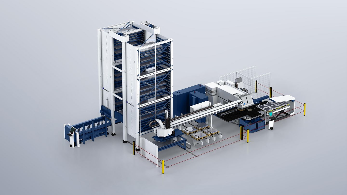 通过 SheetMaster 连接的 TruMatic 7000 和 TruStore 3030，还包含带有导轨的双层上料小车，SortMaster Pallet，SortMaster Box，GripMaster 和 ToolMaster