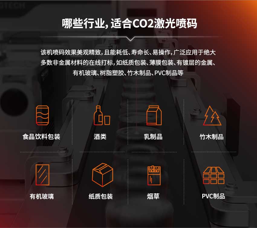 哪些行业,适合CO2激光喷码:绝大多数非金属材料的在线打标,如纸质包装、薄膜包装、有镀层的金属、 有机玻璃、树脂塑胶、竹木制品、PVC制品等