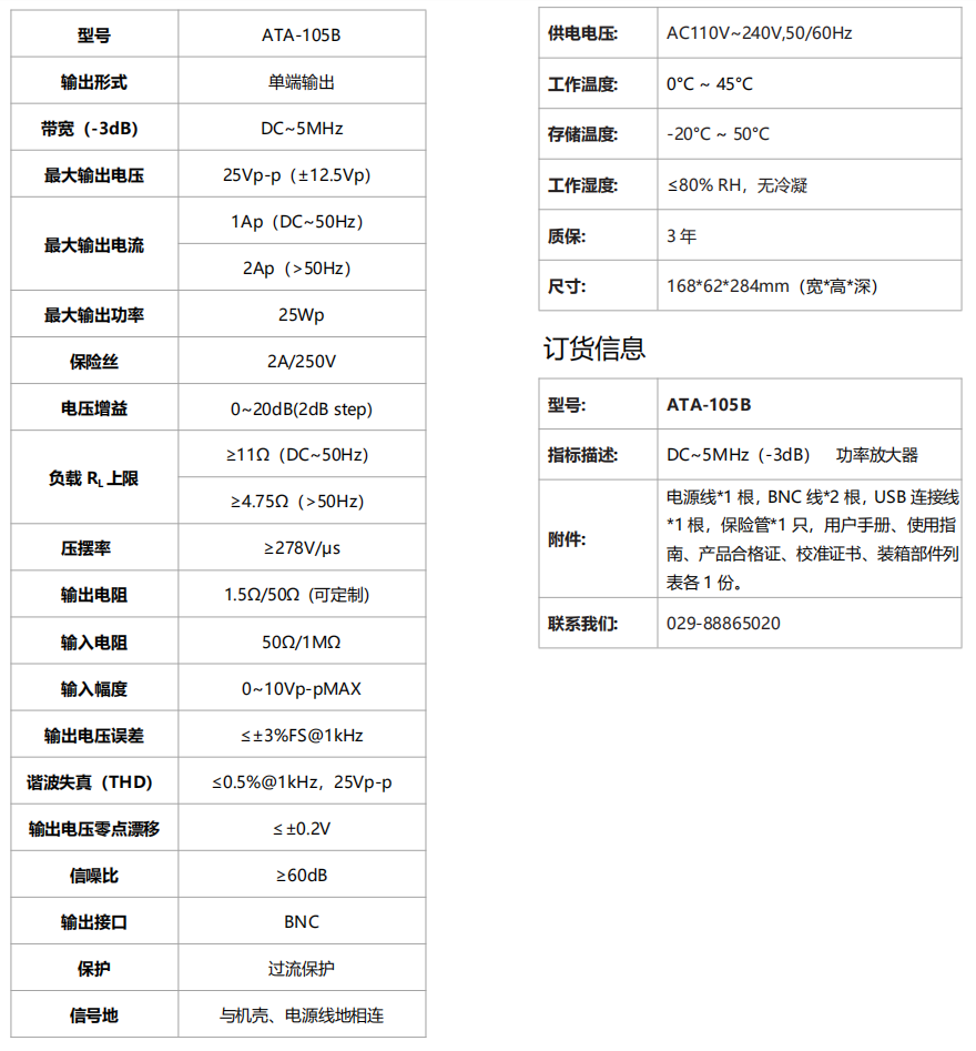 ATA-105B功率放大器规格参数