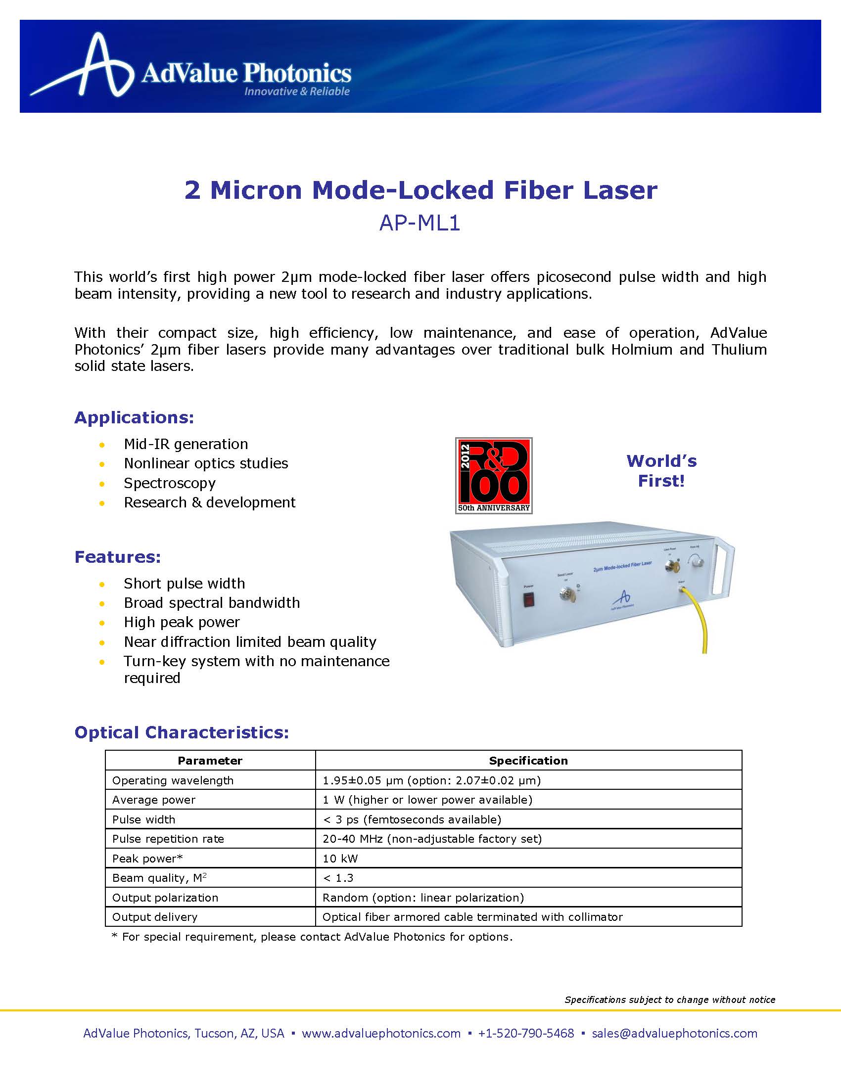 中红外皮秒脉冲光纤激光器