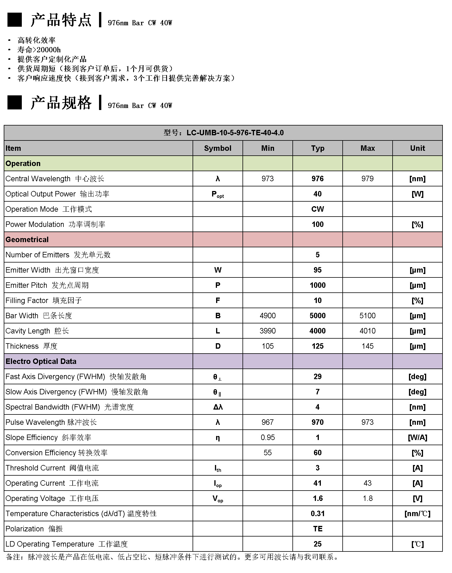 976nm Bar CW 40W