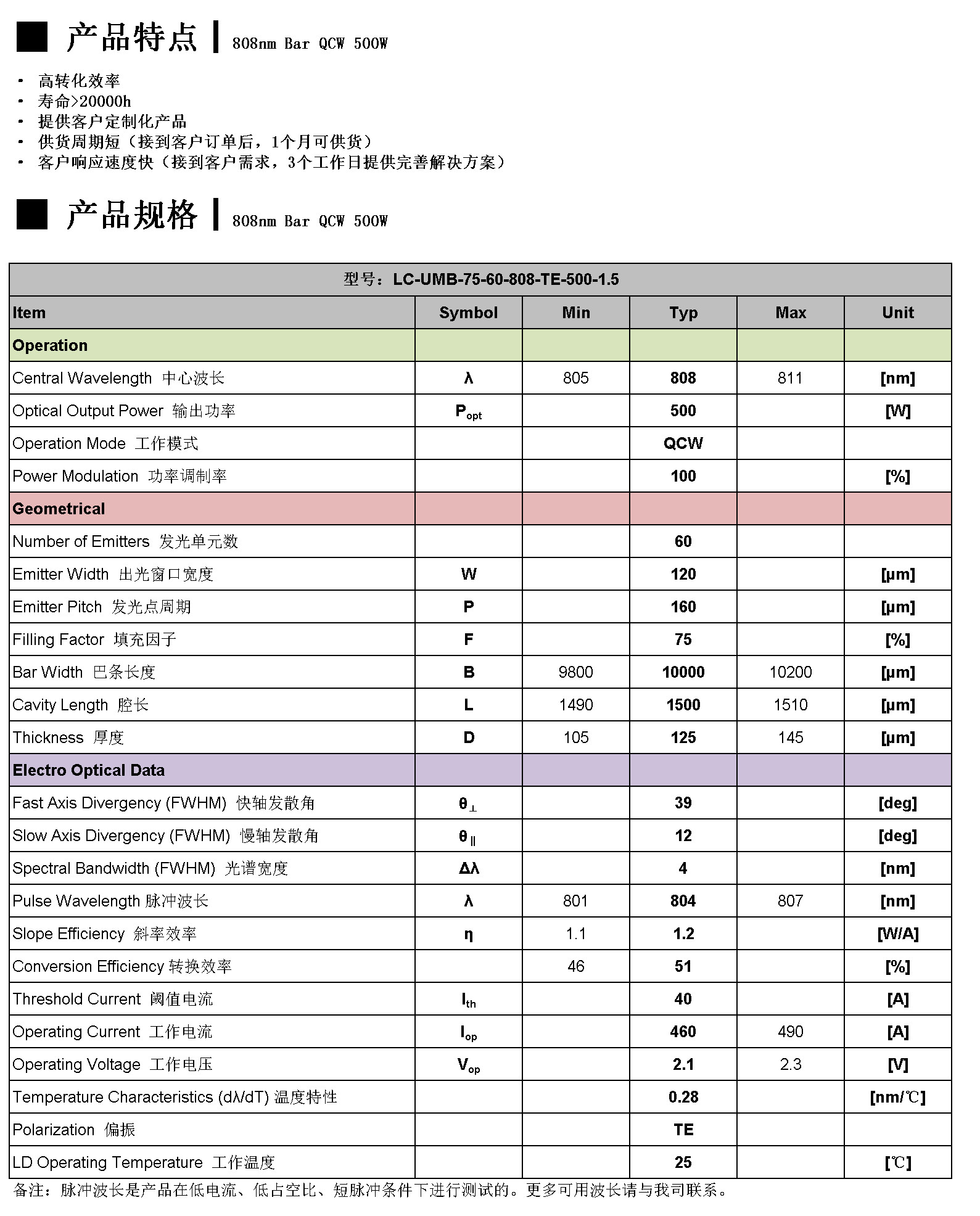 808nm Bar QCW 500W