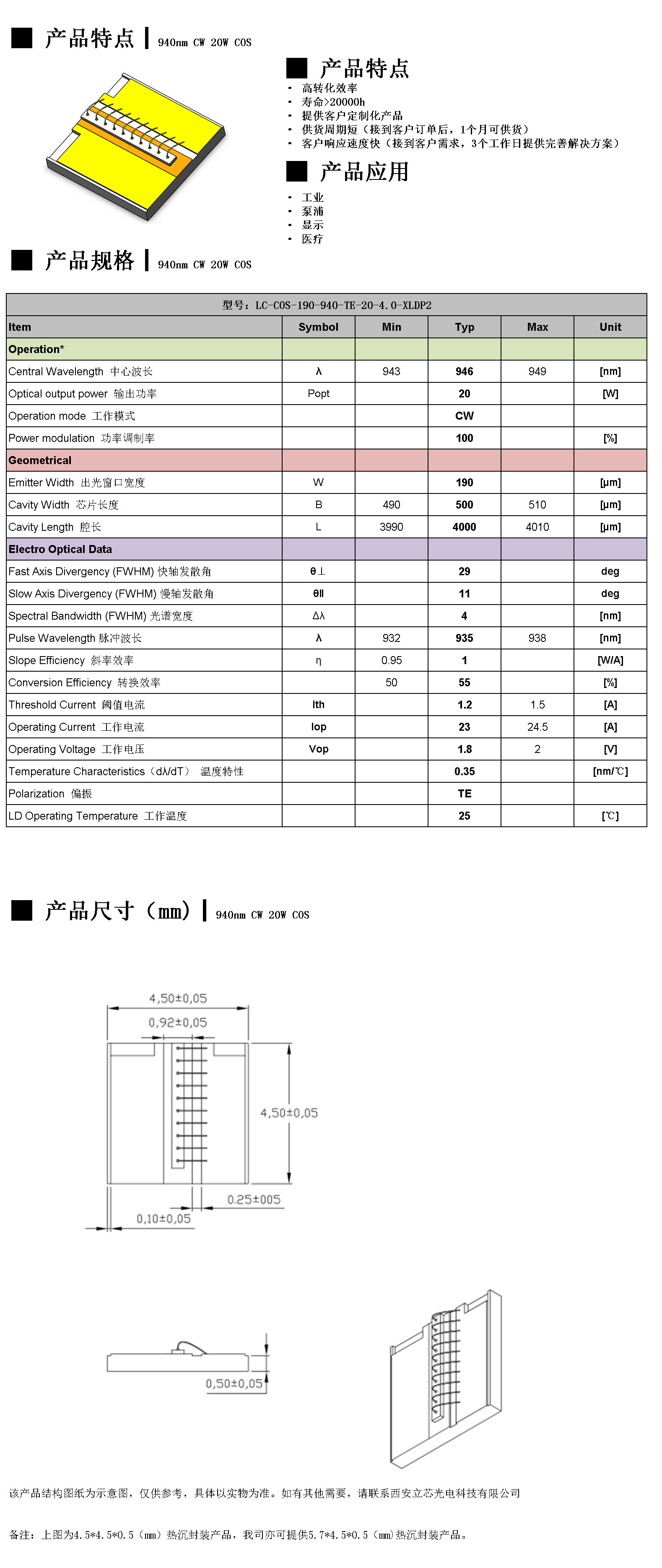 940nm CW 20W COS